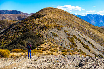 adventurous hiker girl on the way to the top of trig m, scenic peak in new zealand alps, near arthur's pass village and lake lyndon;  - obrazy, fototapety, plakaty