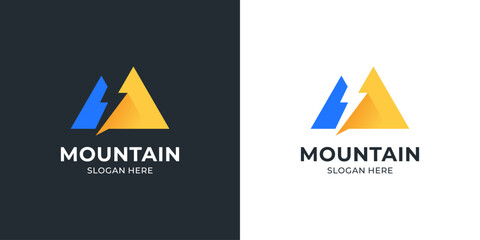 Simple mountain adventure logo design. Modern peak lightning icon vector illustration.
