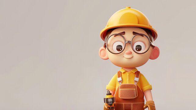 Male construction worker with hard hat in modern 3D animation style
