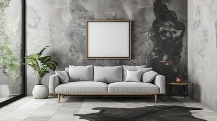 Mockup of a blank poster above a sofa in a modern minimalist interior with a stone wall and tropical plants
