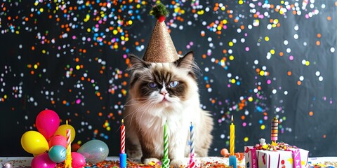 Fototapeta na wymiar Happy birthday concept with grumpy cat wearing hat with party favors and confetti on colorful background and blank copy space