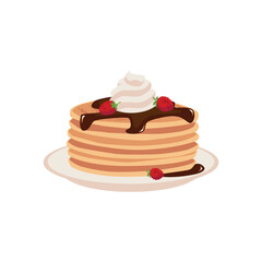 Stack of pancakes with chocolate topping, whipped cream and raspberries on a plate, vector delicious sweet baking food