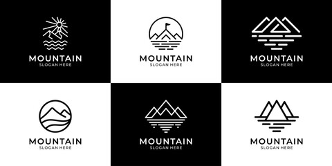Set of mountain travel adventure logo designs. Minimalist peak lake and outdoor symbol logo.