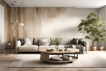 A tranquil and serene living room with a subtle wall mockup, featuring calming colors and natural materials.