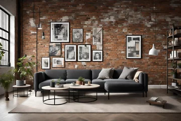 Foto op Canvas An industrial-chic living room with a wall mockup featuring exposed brick and urban artwork. © Hafsa