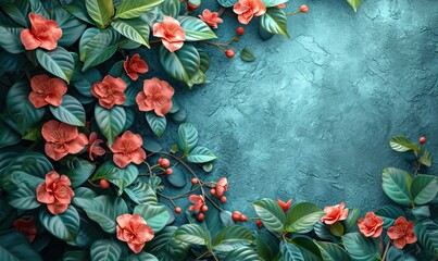 Green background with green leaves and red flowers.