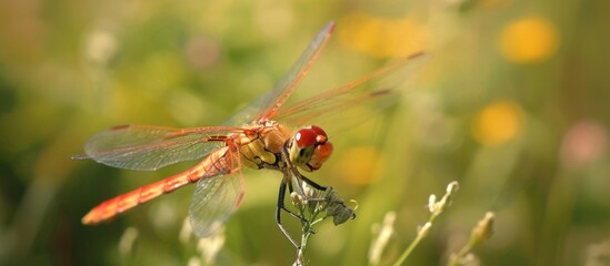 A dragonfly of the species Sympetrum striolatum observed in grassy terrain
