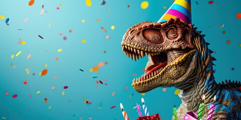 Happy birthday concept with tyrannosaurs rex dinosaur wearing hat and confetti on solid colorful background