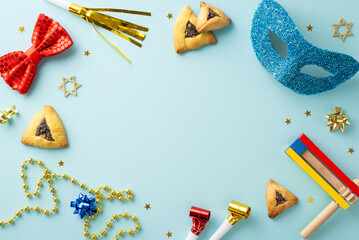 Purim merriment arrangement: Top view snapshot of triangle cookies, Star of David figures, masquerade elements, beads, confetti, party horns on pastel blue foundation, text or advert space available - obrazy, fototapety, plakaty