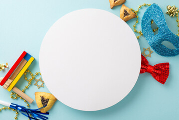 Festive Purim composition: top view composition of triangle-shaped cookies, Star of David accents,...