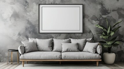 Mockup of a blank poster above a sofa in a modern minimalist interior with a stone wall and tropical plants.
