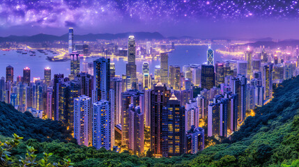 Nighttime view of a city skyline with skyscrapers, capturing the vibrant and modern architecture of an urban landscape under a colorful sky