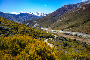 panorama of mountains in torlesse tussocklands national park, canterbury, new zealand south island;...