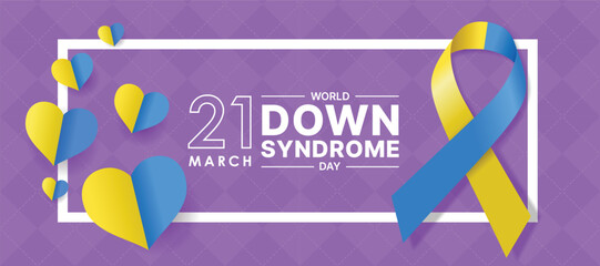 World down syndrome day - Text in white frame with blue and yellow ribbon and paper hearts around on purple texture background vector design
