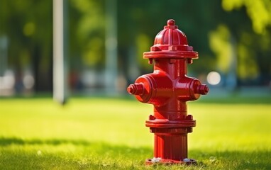 Fire safety. Red fire hydrant standing in park grass field sunlight