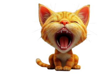 Animated kitten yawning with mouth wide open, eyes closed.