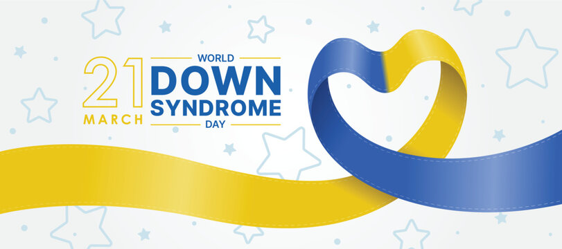 World down syndrome day - Blue and yellow ribbon roll waving to heart shape on star and dot texture background vector design
