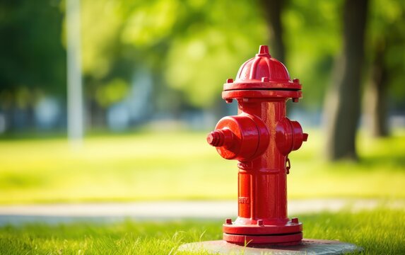 Fire safety. Red fire hydrant standing in park grass field sunlight