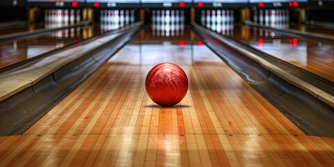 Bowling ball rolling down lane toward bowling pins in bowling alley - obrazy, fototapety, plakaty