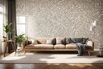 A cozy and well-lit living space with a wall mockup displaying abstract patterns.
