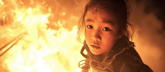 Fototapeta premium Firefighters rescue trapped Asian girl from fire.