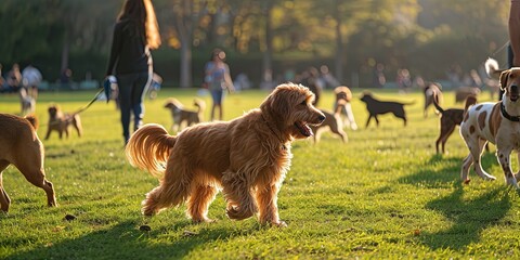 Dog park concept with pack of canines in the park