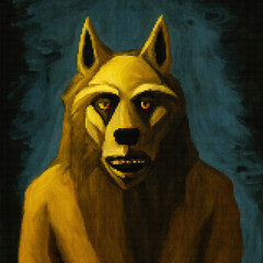 Portrait of a Anthropomorphic wolf man. Vector pixelated illustration. Pixel design.