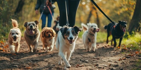 Dog park concept with pack of canines in the park being walked on group leash by dog walker