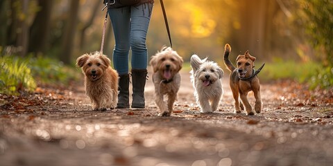Dog park concept with pack of canines in the park being walked on group leash by dog walker