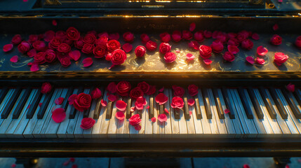 Romantic and musical background with a red keyboard and white flowers, symbolizing love and harmony...