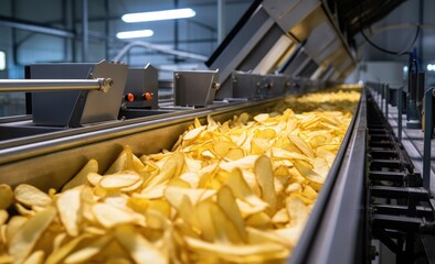 Factory potato chips production line at food plant