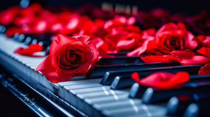 Elegant piano with red and black keys, adorned with roses, symbolizing romance and classical music...