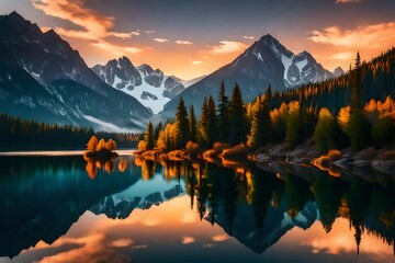 Serene sunrise over a pristine mountain lake, with reflections of the colorful sky dancing on the water. - obrazy, fototapety, plakaty