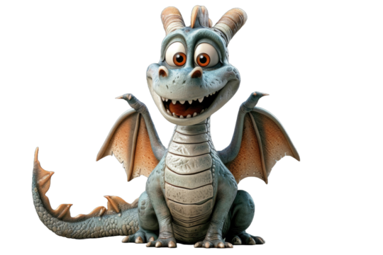 Animated blue dragon with wings smiling broadly.