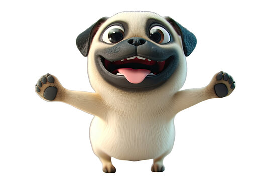 Animated pug with outstretched paws and a joyful expression.