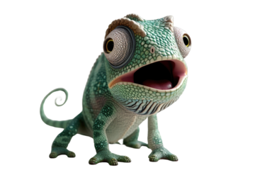 Green chameleon with wide eyes and open mouth