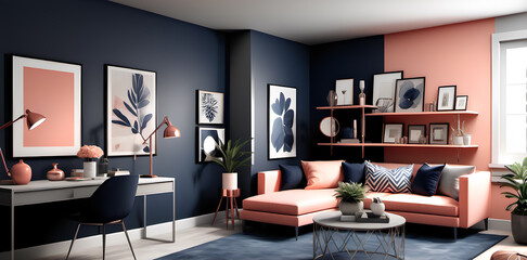 Urban Oasis: Stylish Studio Apartment with Loft Layout, Featuring Muted Coral, Deep Navy, and Metallic Silver Tones - Modern Elegance