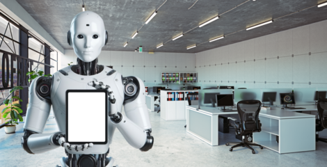 Robot showing tablet with isolated screen. Robot holding a tablet with a office in the background. Transparent Screen. Humanlike robot. Humanoid robot holding phone screen into the camera.
