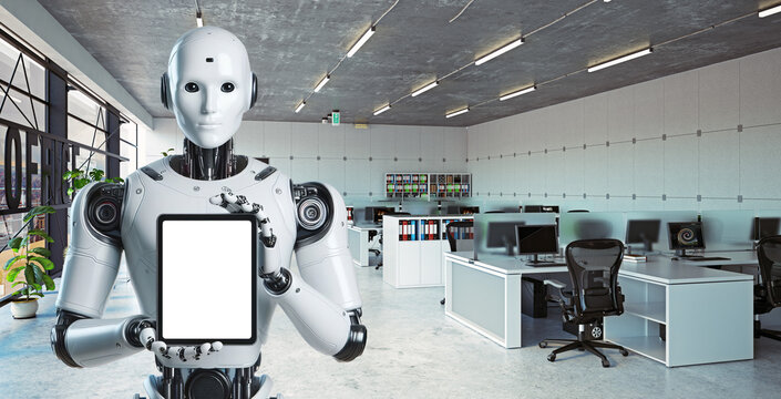 Robot showing tablet with isolated screen. Robot holding a tablet with a office in the background. Transparent Screen. Humanlike robot. Humanoid robot holding phone screen into the camera.