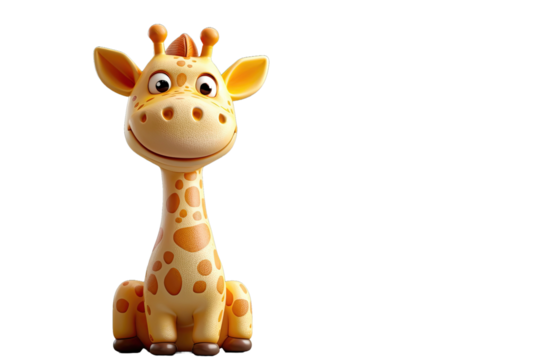 A playful giraffe sitting, looking forward with a smile.