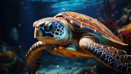 Poster Graceful Sea Turtle Gliding Through Vibrant Coral Reefs Under Sunlit Waters © Mahenz