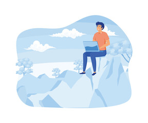 Working anywhere. Man sitting with laptop doing freelance work and enjoying freedom.  flat vector modern illustration 