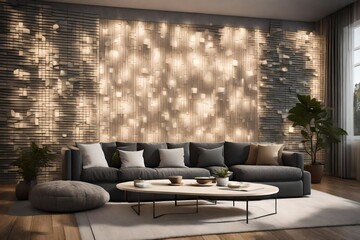 A sophisticated living room interior showcasing a wall mockup with interactive lighting elements.