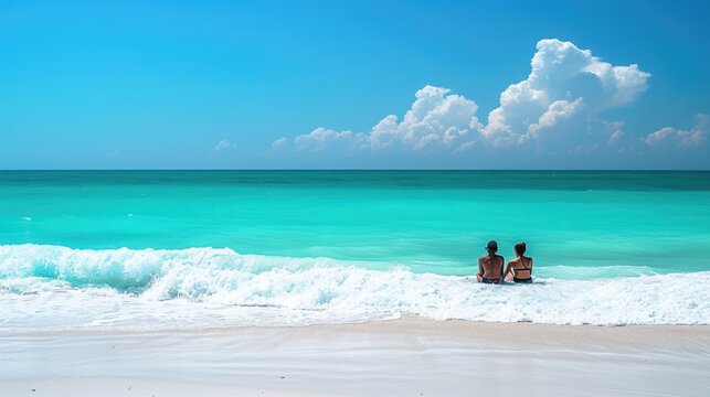 Tourists sitting on a yacht Amidst the sea of white waves Along the pristine white sand beach