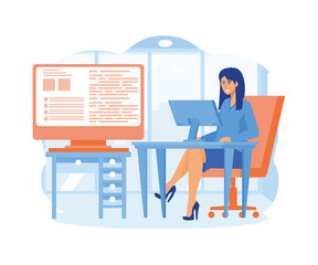 Young beautiful girl programmer behind a laptop and a computer writes a code.  flat vector modern illustration 