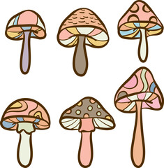 Retro psychedelic mushroom lip art set, fantasy fungi illustration collection isolated