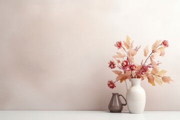 Pastel wall mockup with copy space, decorated in autumn style with a bouquet of leaves