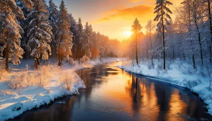 Foto op Plexiglas Winter sunset over snowy forest and river landscape © Bounpaseuth