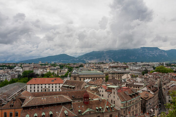 View of Lake Geneva and Geneva City from the roof of Saint Pierre Cathedral in Geneva, Switzerland