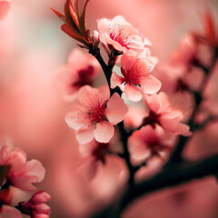 Sakura petals, blossoms, pink, rose, cherry blossoms in a macro shot on a branch, peach flowers